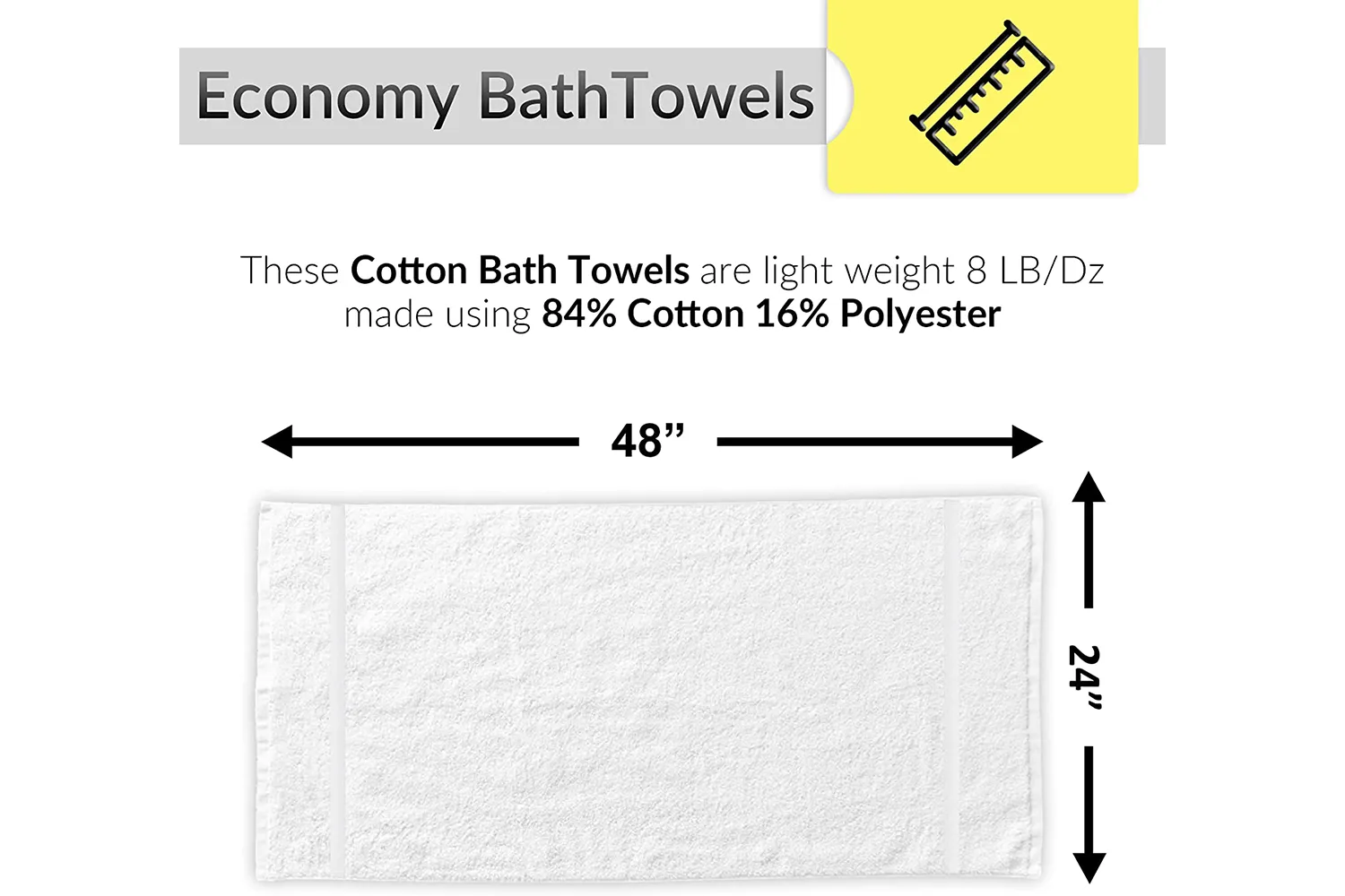 180 Bulk Pack White Economy Bath Towels (24x 48 Inch) Cotton Blend for Softness-Commercial Grade Easy Care (15 Dozens)