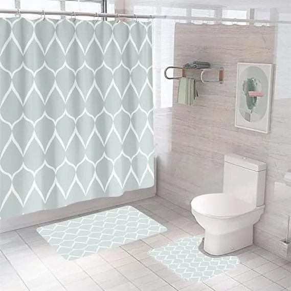 Kuber Industries Shower Curtain & Bathmat Set | Non-Slip Bath mats for Bathroom | Easy-Slide Curtains | Polyester Curtain or Bathmat for Bath Décor | XTL456-3T | 3 Pcs Set | Multicolor