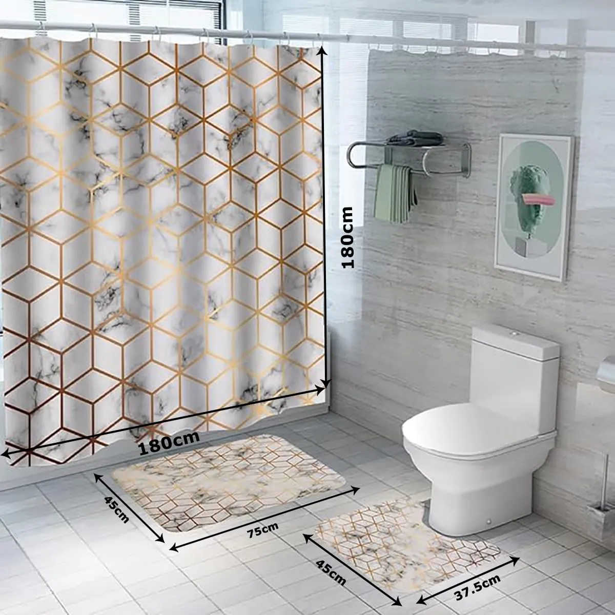 Kuber Industries Shower Curtain & Bathmat Set | Non-Slip Bath mats for Bathroom | Easy-Slide Curtains | Polyester Curtain or Bathmat for Bath Décor | YF52-3T | 3 Pcs Set | Multicolor