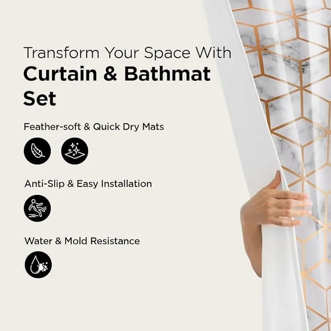 Kuber Industries Shower Curtain & Bathmat Set | Non-Slip Bath mats for Bathroom | Easy-Slide Curtains | Polyester Curtain or Bathmat for Bath Décor | YF52-3T | 3 Pcs Set | Multicolor