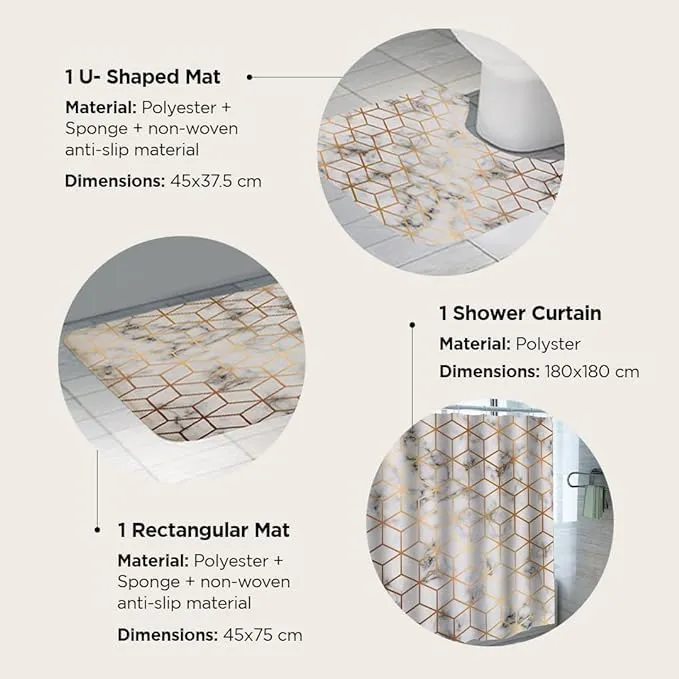 Kuber Industries Shower Curtain & Bathmat Set | Non-Slip Bath mats for Bathroom | Easy-Slide Curtains | Polyester Curtain or Bathmat for Bath Décor | YF52-3T | 3 Pcs Set | Multicolor