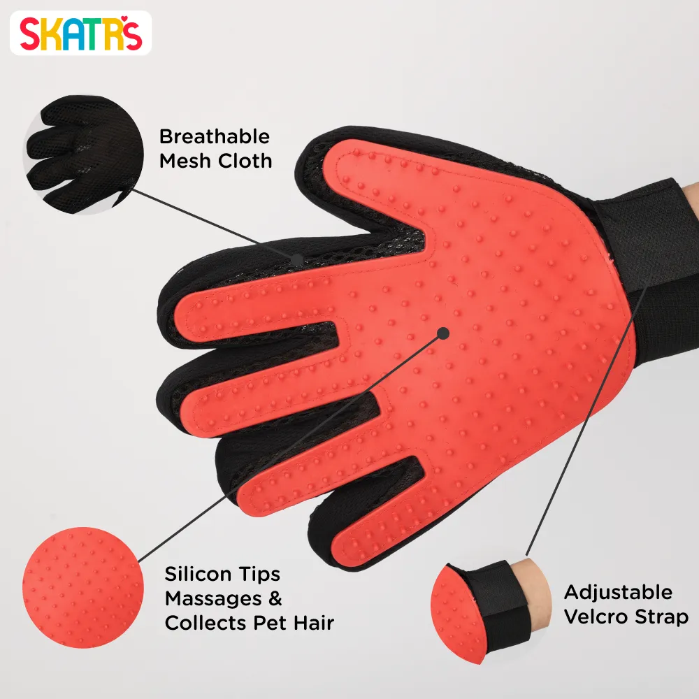 Skatrs Mess Free Deshedding Grooming Gloves for Dogs and Cats (Red)