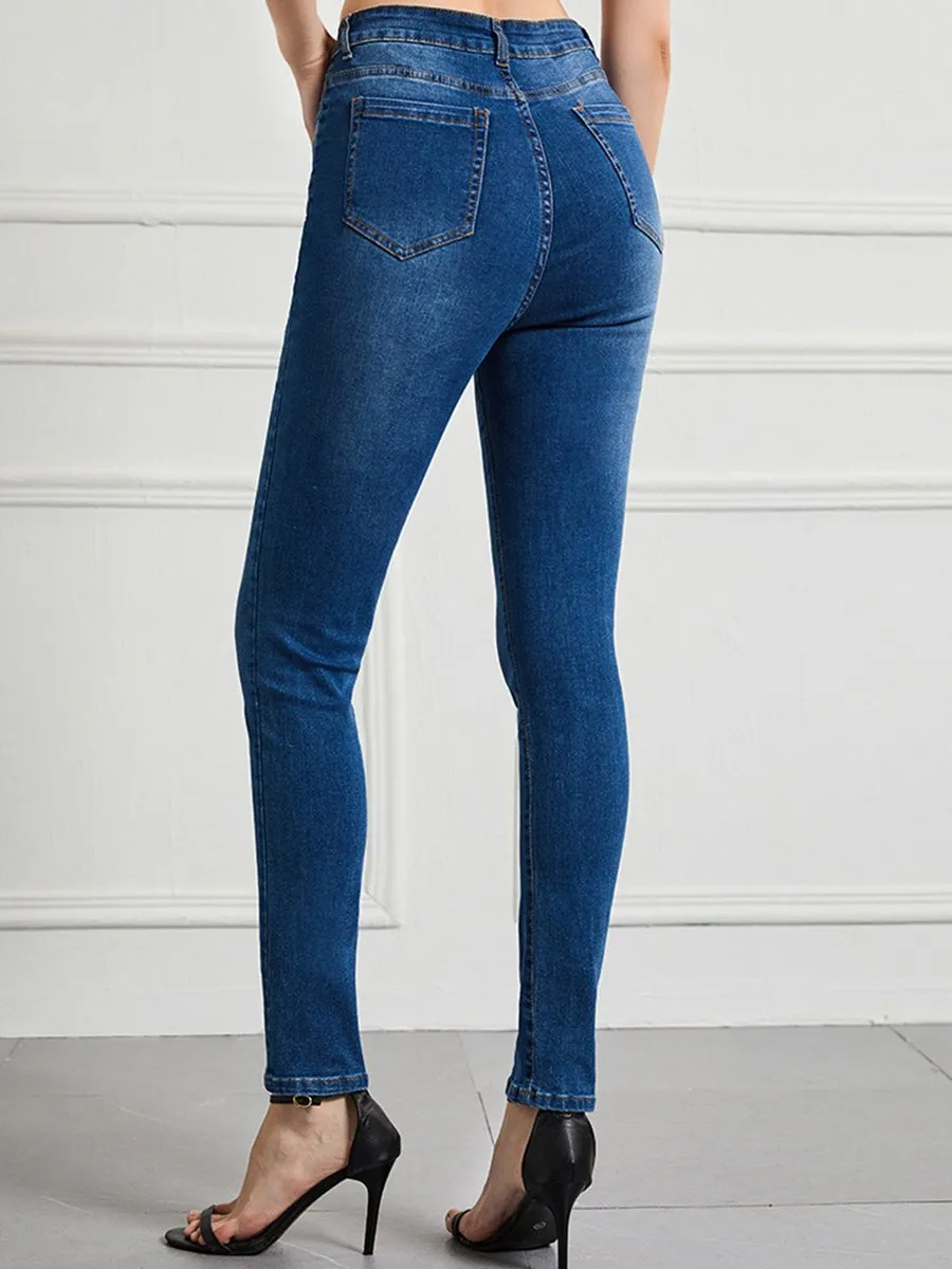 Women's Slim High Waist High Elastic Multi-button Jeans